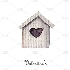 水彩情人节剪贴画。白色背景下的木屋。心，爱，手工制作