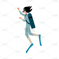 一个卡通人物水肺潜水员一个平面孤立的矢量插图
