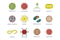 Microscopic structure viruses set. Round pinch influenza with ball hepatovirus green polygons papillomavirus wriggling ebola.