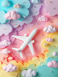 3D立体剪纸风格彩虹云朵飞机儿童手工幻想艺术海报midjourney关键词咒语