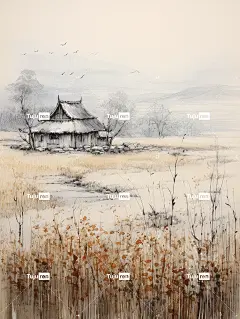 中国传统山水以浅灰色细线纹理为背景，以古老的纸质纹理为特色，