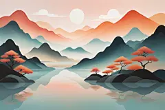 禅意山水扁平山水意境插画