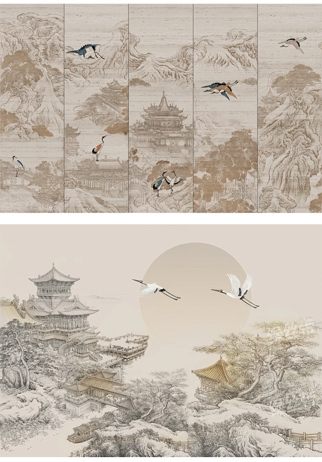 中式山水壁画贴图新中式壁纸水墨装饰画山水画背景墙SU贴图ps素材-花瓣网