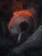 The Crater Series : Mainly on fault lines of tectonic boundaries, where plates are pushed together or dragged apart, volcanos occur. Cracks allow the magma to rise up to the surface where it erupts through a volcano. The caved-in surface on top of the vol