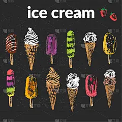 冰淇淋蛋卷,动物手,色彩鲜艳,粉笔,旅途,贺卡,果汁,复古风格,古典式,甜点心