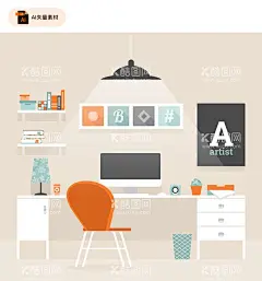 整洁书房办公桌矢量素材  - 源文件下载【酷图网】音响,盆栽,电脑,文件,公文包,时钟,办公桌,文档,办公椅,便利贴,垃圾桶,私人计划,卡通办公场景,办公插画,书桌插画,工作计划,学习计划