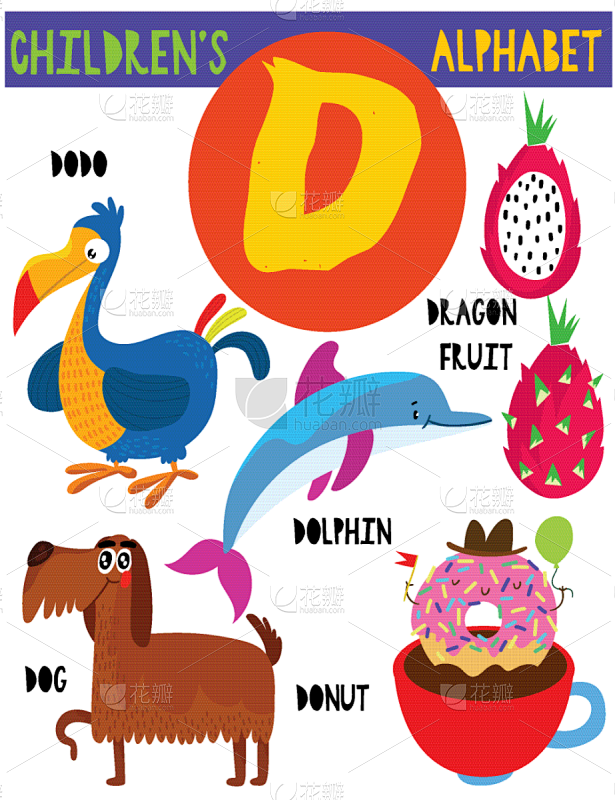 可爱的,字母,儿童,矢量,绘画插图,动物主题,组物体,英文字母d,英格兰