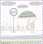 韩国矢量简洁卡通人物 雨天打着伞在公交站等公交的男孩