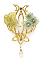 An Art Nouveau Platinum Topped Gold, Opal, Emerald, Pearl and Polychrome Plique-a-Jour Enamel Pendant/Brooch: