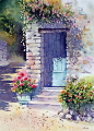 Watercolor / Sunlit Door with Geraniums by Ann Mortimer