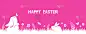 Happy Easter banner with bunny, flowers and eggs. 