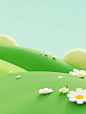 3d green field with green hills and daisies, in the style of neo-geo minimalism, cute cartoonish designs, minimalist still lifes, ultra hd, resin, close up, minimalistic landscapes