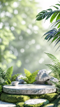 3D渲染，白色背景，绿色苔藓和蕨类植物，石材平台为产品呈现，夏季景观，自然场景，模糊背景，超现实，辛烷值渲染，柔和的光线，辛烷值渲染的风格。