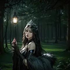Ai产生的, 女士, 脸, 王冠, 森林, 夜晚, 黑暗的, 哥特, 美丽