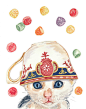 Kitten Watercolor, Vintage Teacup Watercolour, Gumdrop Candies, 8x10 Print, Cat Illustration