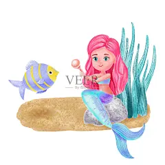 美人鱼珍珠。水彩插图上的白色背景插画图片素材