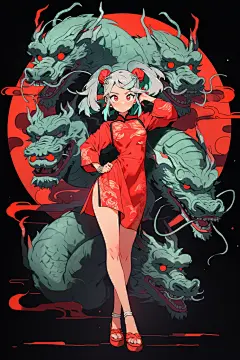水墨古装红衣少女古风女孩和龙插画