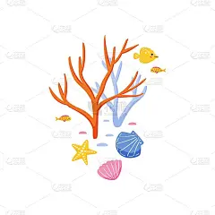 珊瑚礁插图与五颜六色的海藻，贝壳和鱼