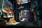 Japanese Inspired Street, Nick Comeau : Inspired by the styles of Sunset Overdrive, Overwatch and the concept art of Chong FeiGiap, I worked combine a lot of the reference images I took while studying for a summer in Japan to make this brightly lit and sa