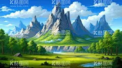 油画山林  - 源文件下载【酷图网】油画,风景画,高山,森林,树林,草地,湿地,蓝天,白云,高清,壁纸,装饰画