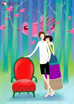 画儿晴天 王净净 唯美浪漫插画 520情人节人两个人田园风光户外享乐浪漫安逸旅行旅游家庭生活休闲环境图像绘画插图插图画法彩色图片水平画幅休息散步草丛平原山假日情人节传统节日七夕节伴侣节日喜鹊立春春分惊蛰节气