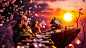 Studio-quality20photography20a20scene20Floating20with20cottages20a20sunset2C20cherry20petals20in2C