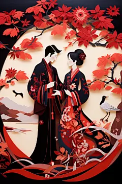 温馨情人节古风剪纸风牛郎织女七夕人物插画