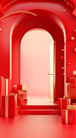 3d illustration of an archway and golden boxes, christmas decor, happy holidays, new year, decoration, red door with christmas gifts, in the style of monochromatic minimalism, salvador dalí, editorial illustrations, ricardo bofill, jeeyoung lee, emphasis 