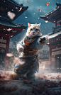 Snow, petals flying in the air, a cat fighting with asword, he defends himself with a sword, in the center of the temple, panorama, movie light, a cat in Hanfu, cat sword fighting martial arts style, Chinese fairy taleoackground is colorful points of ligh