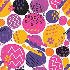 抽象无缝图案有圆、之字形、线、滴、花