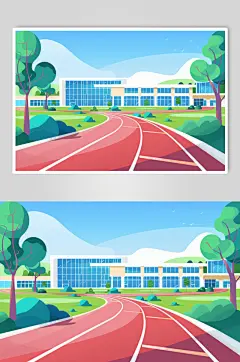 AI数字艺术扁平风校园球场操场插画-众图网