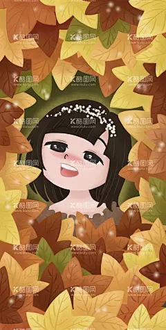 落叶  - 源文件下载【酷图网】屏保,女孩,插画,秋天,落叶,手绘,