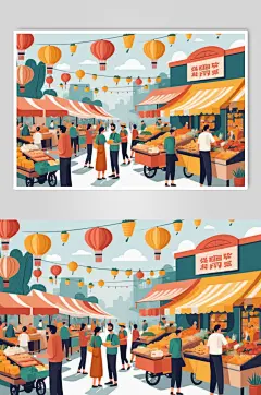 AI数字艺术家庭一起逛集市场数字贴画