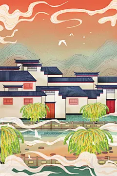 中国风古风建筑著名风景点名胜地区城市印象插画psd绘画素材312-淘宝网