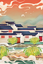 中国风古风建筑著名风景点名胜地区城市印象插画psd绘画素材312-淘宝网