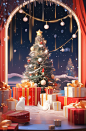 A christmas party setting with fireworks, gifts and balloons and 3d models, in the style of atmosphere of dreamlike quality, aurorapunk, nostalgic scenes, eye-catching, snow scenes, theatrical installations, whimsical cats
