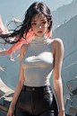 AI art DayDream model generated for keywords upper body, 1girl, solo, adult, long hair, multicolored hair, lagre breasts, turtleneck sweater, high-waist pants, bare shoulders, masterpiece:1.2, best quality, realistic face artstyle, realistic nose:1.2, hig