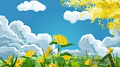 PSD设计源文件素材唯美手绘春天春景旅游踏青樱花树森林插画H1235