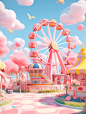 pastel colorclean background3dartcinematiccolorful ride theme park scenewith roller coasters and a carousel, in the style ovray, cartoon mis-en-scene, meticulous designdesertwave. seaside scenes, soft renderings.yellow and pink,pop， C4D，OC，Blender, 8K,