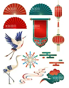 设计素材  - 源文件下载【酷图网】扇子,天鹅,祥云,灯笼,小素材配件,小素材,