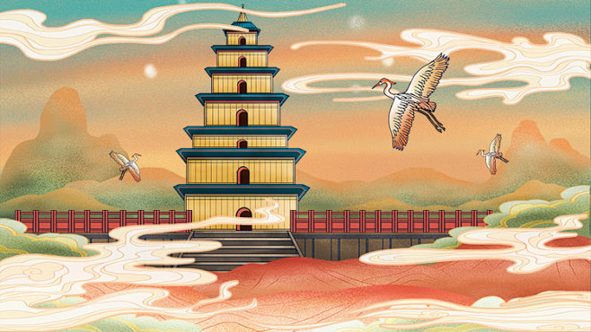 古风国潮中式山水建筑名胜旅行场景手绘插画...