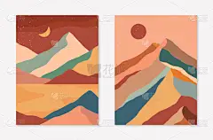 一套富有创意的抽象山水景观和山脉背景。中世纪中期的矢量插图，带有手工绘制的山脉，海洋或沙漠，天空，太