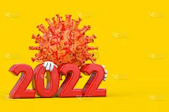 卡通冠状病毒COVID-19病毒吉祥物人物字符与2022年新年标志。3d渲染