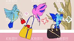 手绘包包和鸟  - 源文件下载【酷图网】手绘鸟,手绘包包,包包,老花图案,老花背景,手绘皮包,包包印花,大牌平铺,碎花底,手机壳