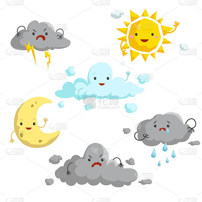 卡通天气吉祥物集。动漫风格的角色。太阳、云、雨、月牙、雷雨。矢量插图孤立在白色背景。