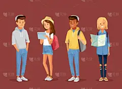 一组年轻的现代时尚人士,大学生同学们站在一起,摆出不同的姿势.一组男女卡通人物的集合。矢量图解。平面