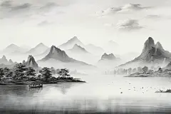 艺术河水烟雾美术风景水墨画美景插画图片