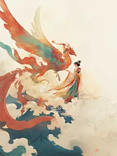 AI大梦敦煌 _凤凰于飞，凤戾九天，唯美插画。_4_版