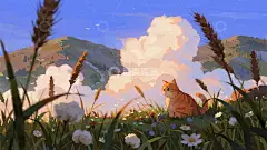 田园风橘猫花草风景插画高清模板免费下载-趣麦麦图