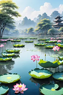 湖面荷花荷叶插画图片